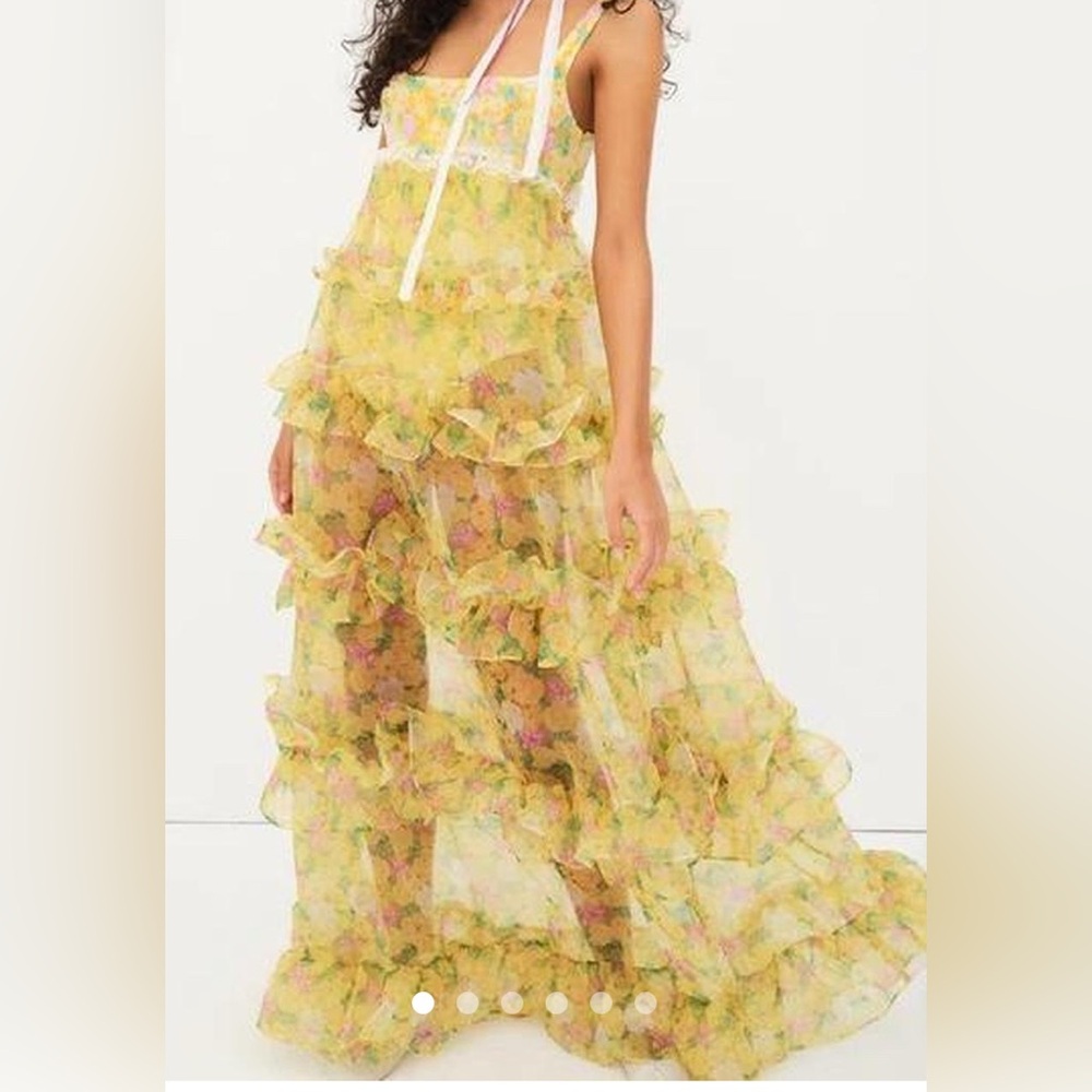 For Love & Lemons Yellow Floral Ruffle Maxi Dress
